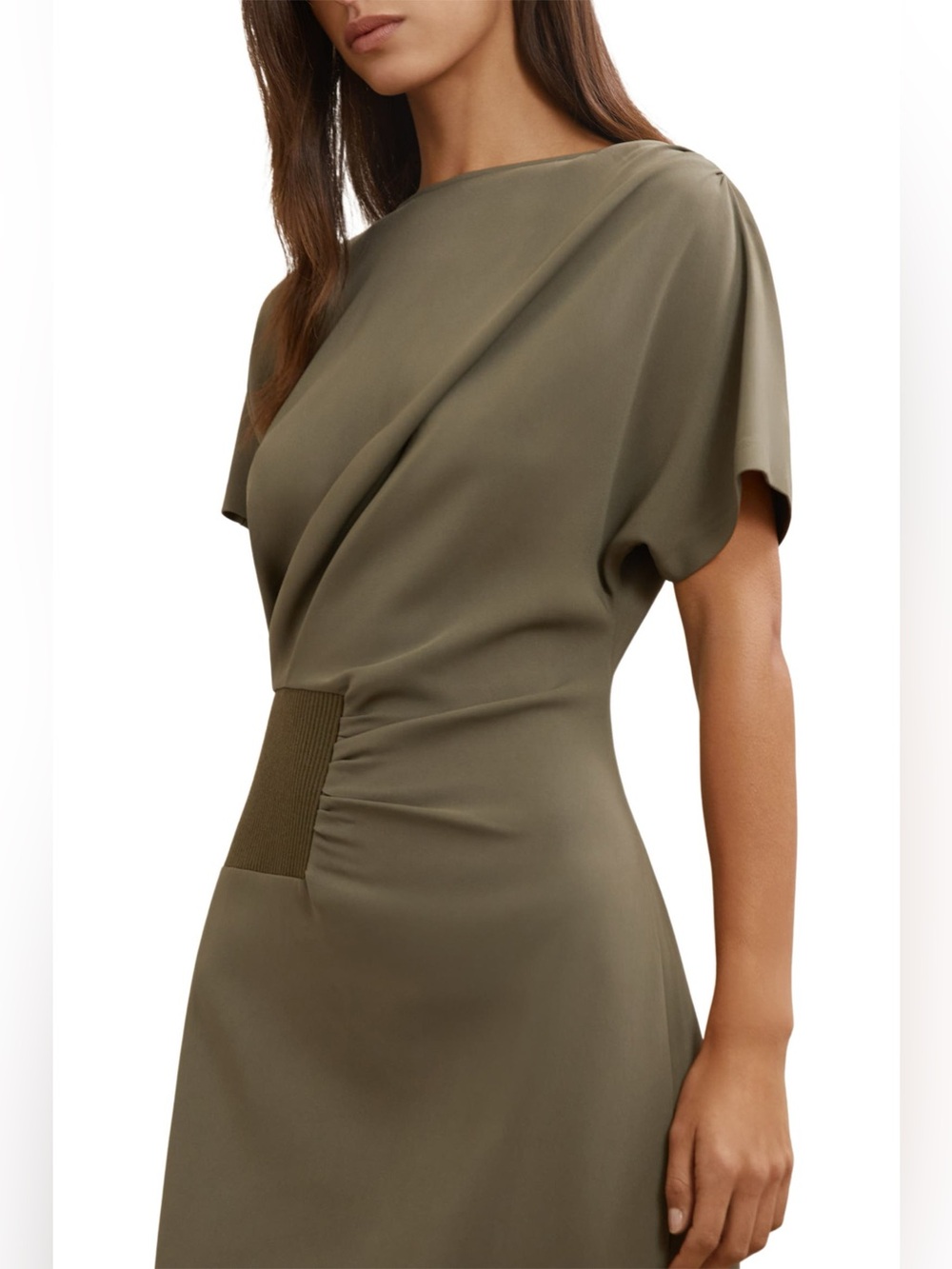 Reiss Etta Rib Detail Drape Dress Midi Olive Khaki Green Size 0 NWOT - Picture 7 of 7